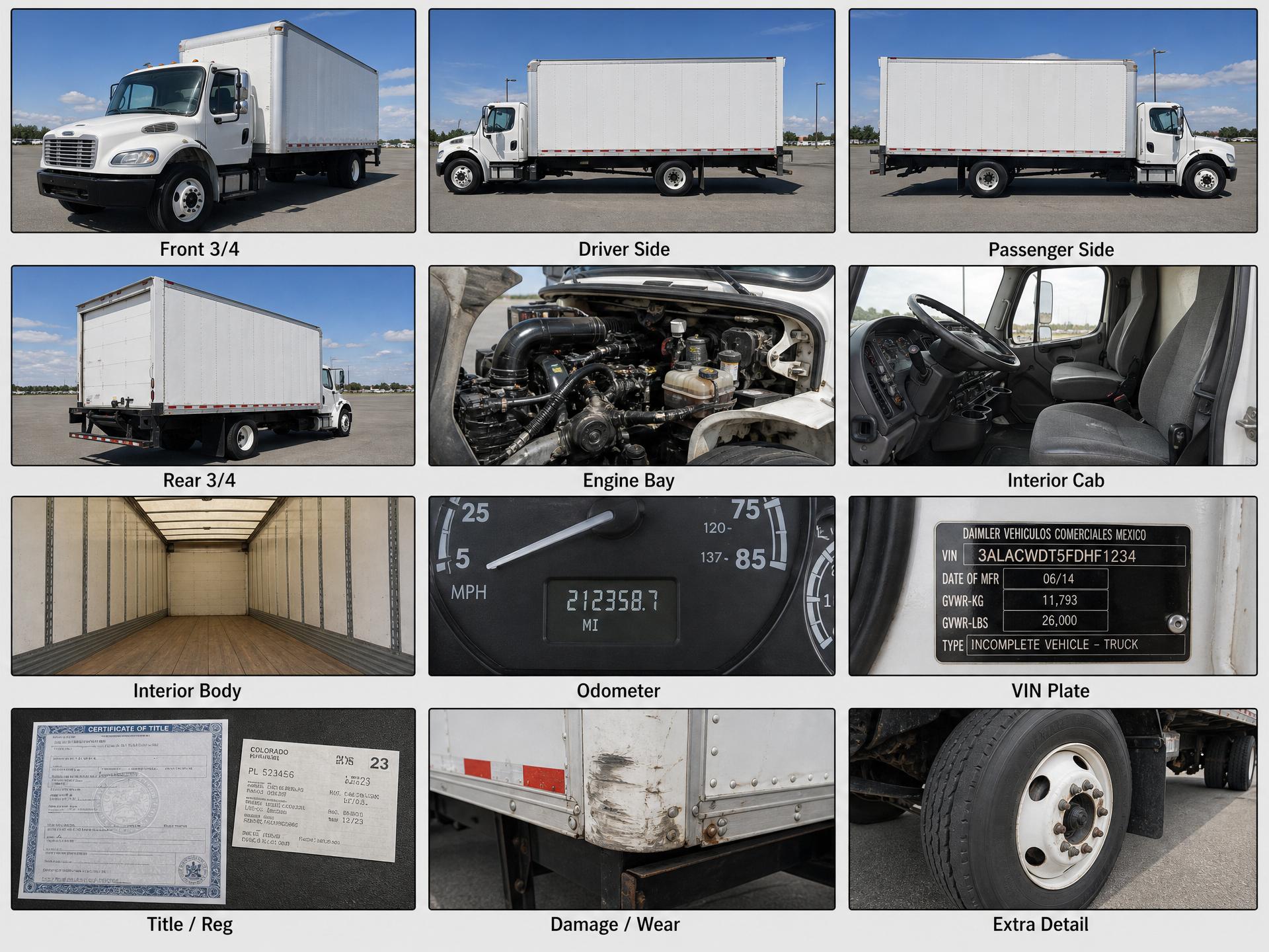 Reference showing example trade-in photos of a Freightliner box truck: all four corners, engine bay, interior cab, interior body, odometer, VIN plate, title, damage, and extra detail.